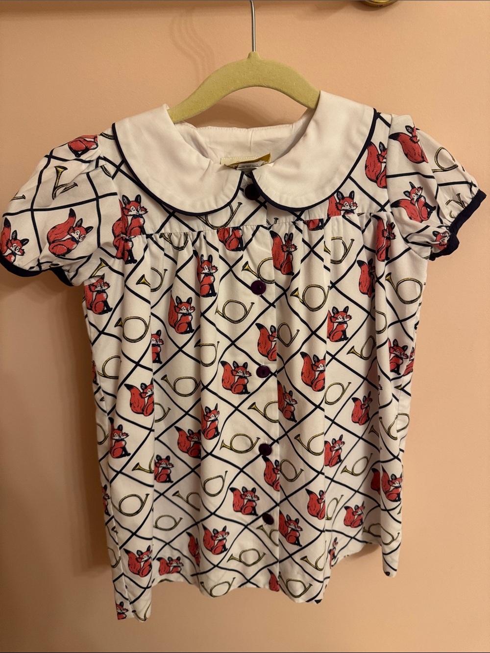 The Beaufort Bonnet Company White Top with Red Fox Print and Navy Trim